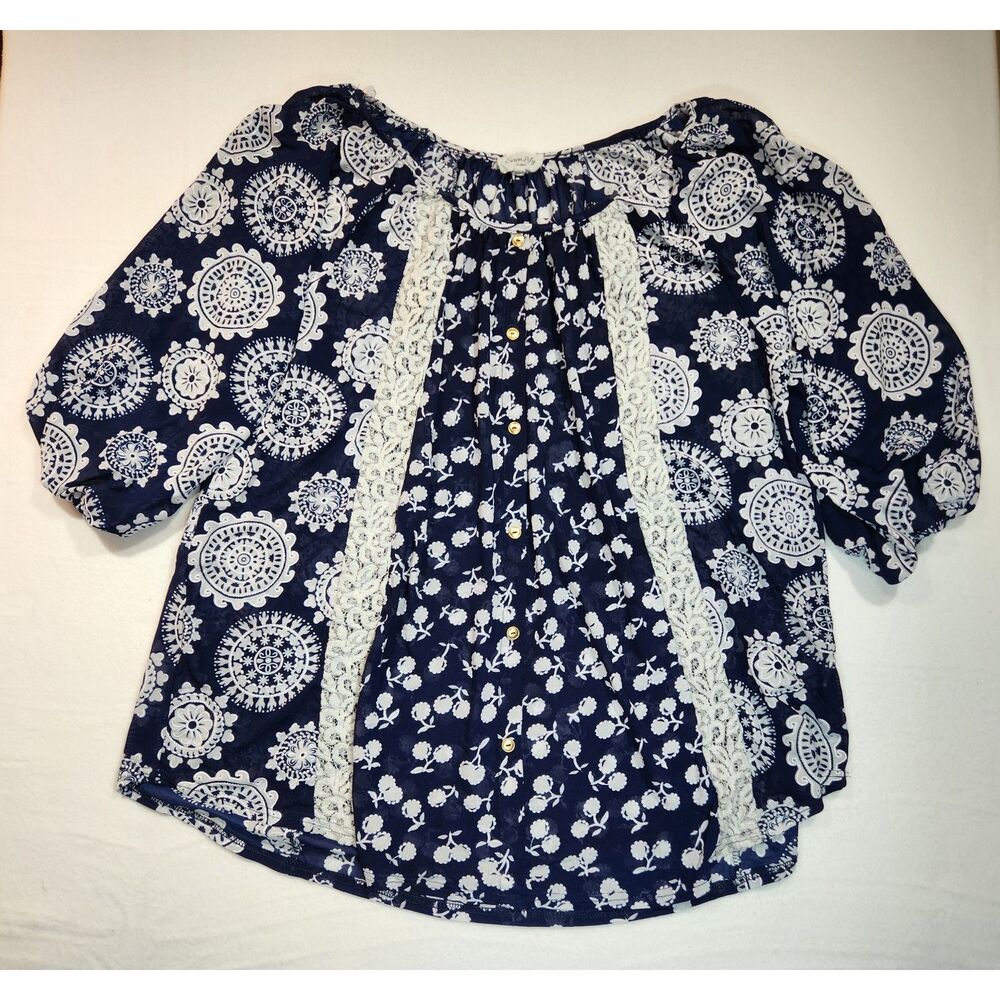 Siren Lily Women Blouse Size 2X Navy White Boho Paisley Lace Peasant Cottagecore